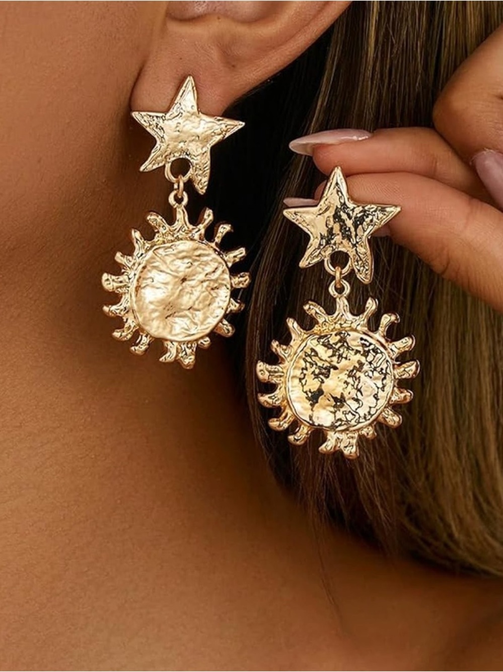 Hammered Gold Star & Sun Drop Earrings